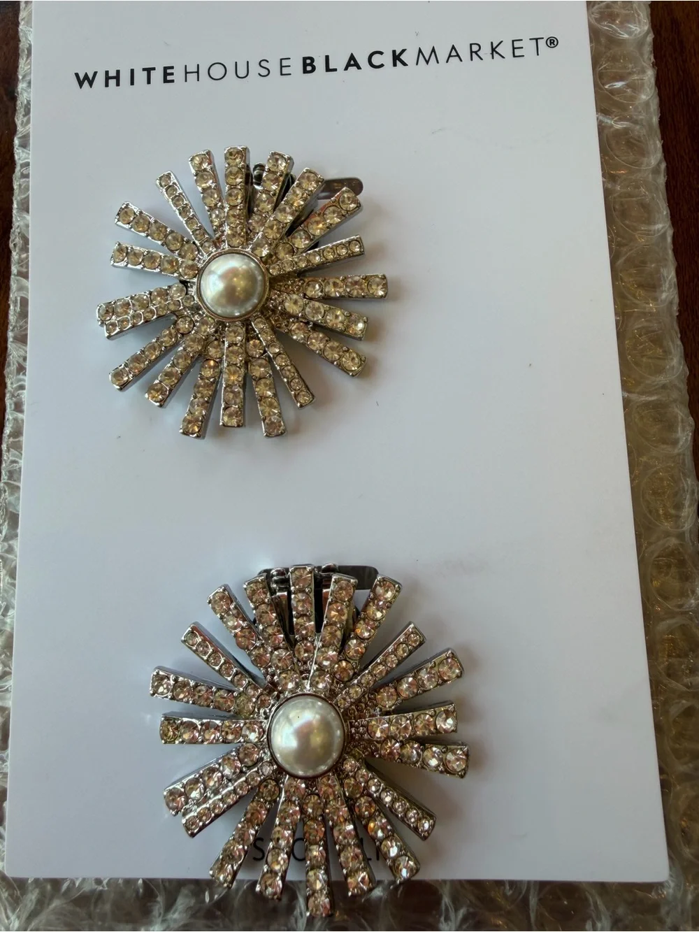 White House Black Market Silver Pearl & Crystal Sunburst Shoe Clips